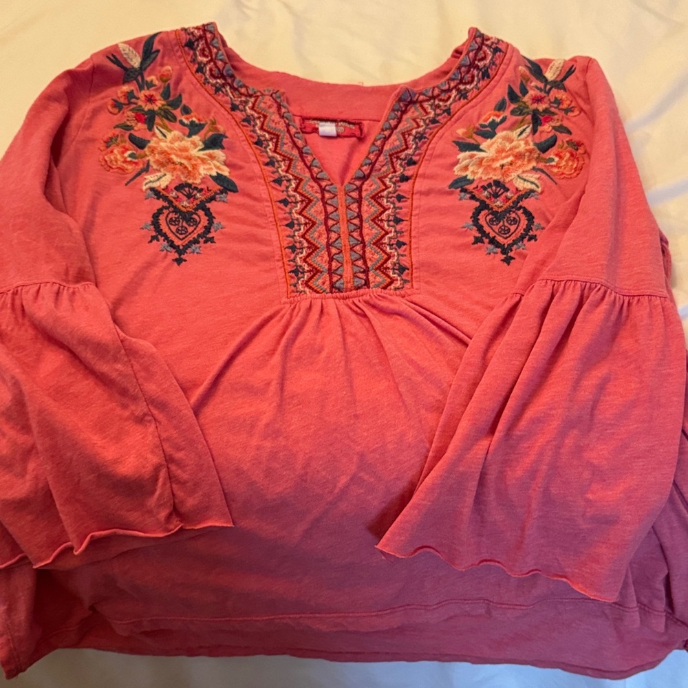 Johnny Was Coral Embroidered Blouse